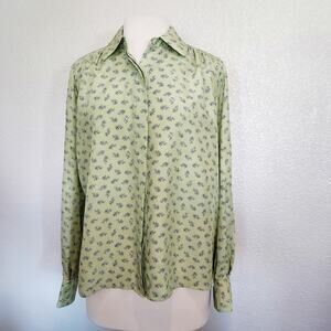 Rebecca Taylor 100% Silk Green Floral Long Sleeve Button Down Size M